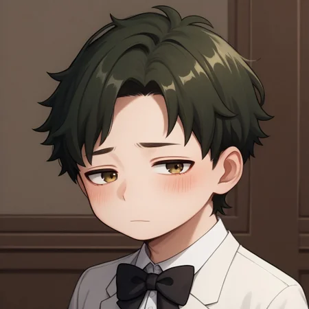 score_9, score_8_up, score_7_up, source_anime, highly detailed, cute boy, 1boy, solo, young, damian desmond, short hair, brown hair, brown eyes, white tuxedo, white pants, black bow tie, black socks, white dress shoes, blushing, shy, looking away from viewer, looking slightly to the side, avoiding eye contact