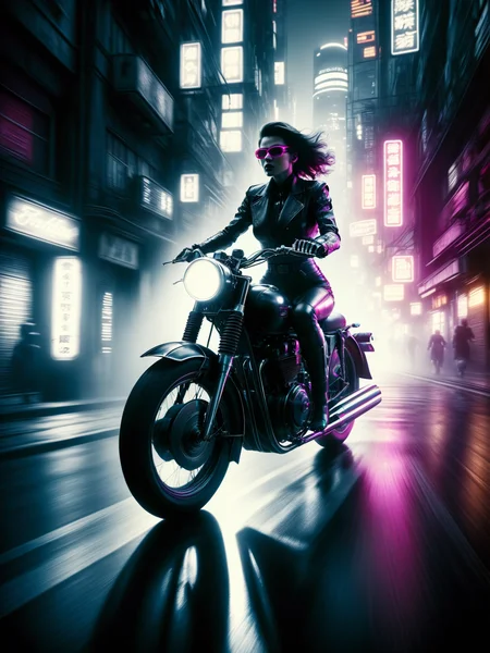 woman on motorbike racing through city, motion blur, cyberpunk, noir, 1940s <lora:Neon_Noir_SDXL:0.8> mad-neon-noir, masterpiece, best quality, ultra high res, (photorealistic, realistic:1.2), deep shadow, raw photo, film grain, Fujifilm XT3, 8k uhd, dslr