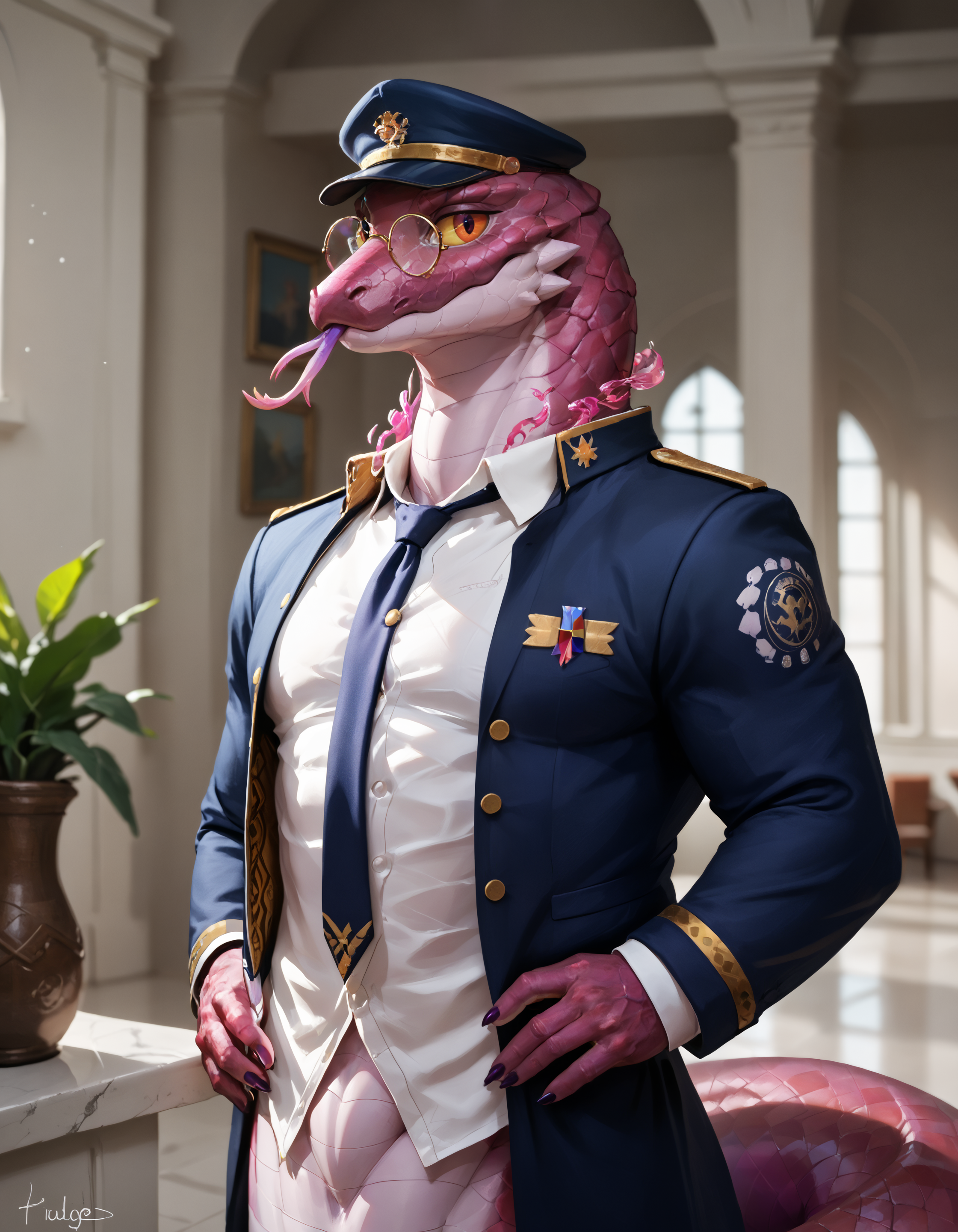 score_9, score_8_up, score_7_up, rating_safe, sfw, source_furry, depth of field, detailed, detailed background, ray tracing, cinematic lighting, reflections, masterpiece, best quality, ultra realistic, <lora:add-detail-xl.safetensors:1.0>, <lora:2.5DRealisticV2.safetensors:0.4>, embedding:zPDXL3 BREAK <lora:yig_tokyo_afterschool_summoners-000015.safetensors:0.7>, yig_tas, anthro, 1boy, scalie, solo, male focus, detailed scales, (snake, snake anatomy:1.2), headwear, (legless, draconcopode:1.2), uniform, tail, bottomless, slither, shiny scales, round glasses, upper body,  depressed