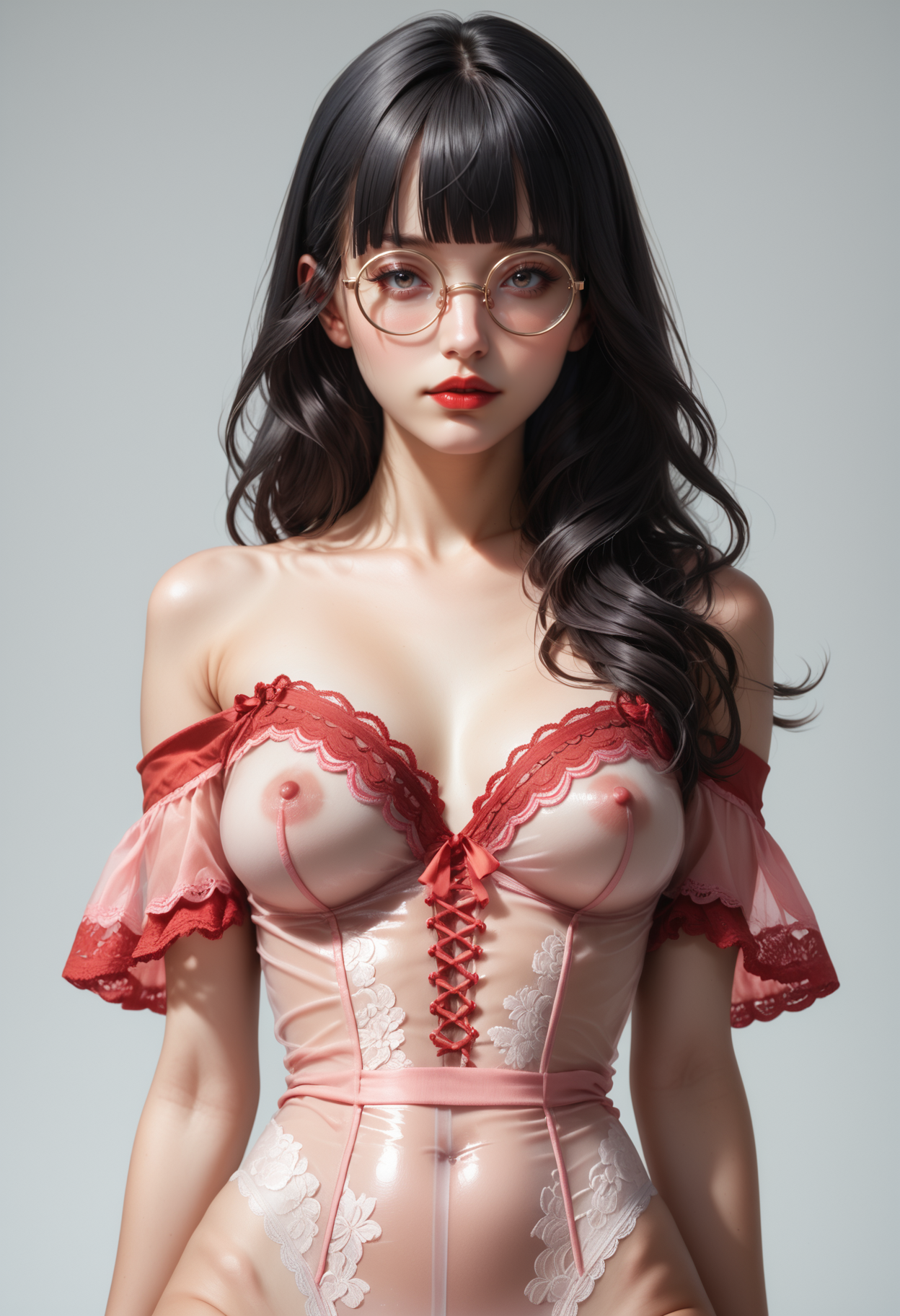 score_9, score_8_up, score_7_up, score_7, score_6_up, score_5_up, portrait, beautiful woman portrayed in her naturalness:sensual,noble,pure and self-confident, sporty, (black hair:1.2), (lc02, transparent pink lace leotard with highwaist, (short red lace ruffle sleeves:1.2), off the shoulder <lora:laceleotard02-000005:0.9>), red lips, round eyewear, long_hair, blunt_bangs, straight_hair