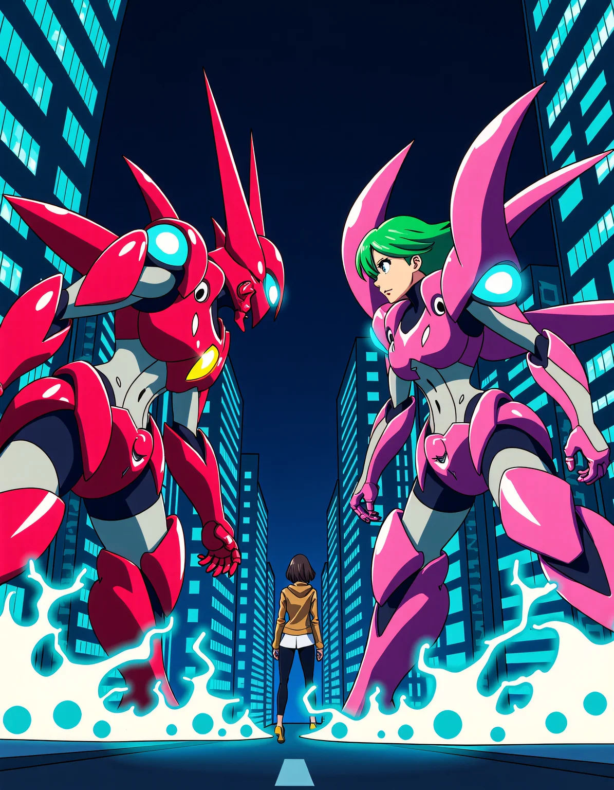 Vibrant and exaggerated aesthetics, anime style, a two futuristic mechs with sleek, glowing lines face off in the center of a neon-lit city at night. One is piloted by a woman with short, bright green hair and a fierce expression. The cityâs reflective glass buildings amplify the vibrant lights of the mechs, creating a kaleidoscope of colors. Sparks and energy waves fly as the mechs launch toward each other, their weapons crackling with energy. <lora:xlranime-sushio:1.0>
