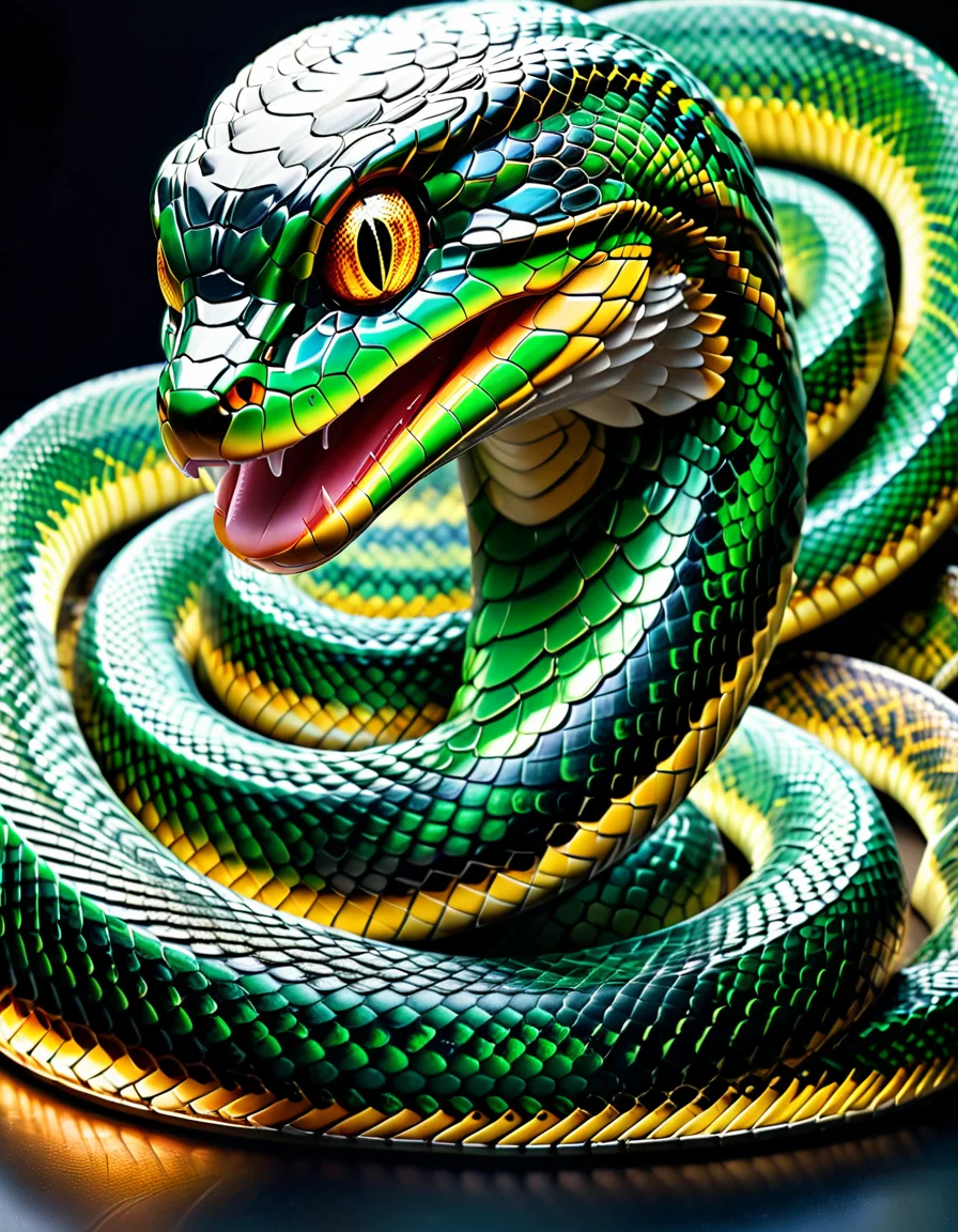"A hyperrealistic life-size sculpture of a human morphing into a snake, each scale containing tiny holographic scenes of daily human life, glowing under soft, eerie lighting, surrounded by discarded skin, detailed scales, mixed with a high-tech futuristic vibe, surreal and unsettling atmosphere, photorealistic textures." <lora:SDXLFaeTastic2400:0.4> <lora:extremely_detailed:0.4> extremely detailed, <lora:sn4ke:1>,sn4ke, Masterpiece,best quality,hi res,8k,hi res,8k,award winning,(sharp focus, intricate, highly detailed),