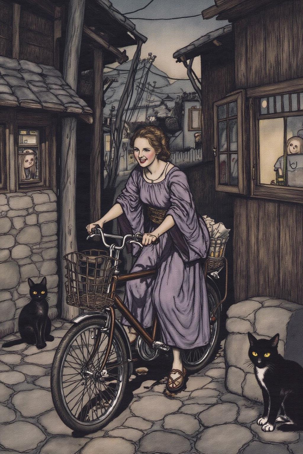 artrack1 illustration 
A Japanese school girl riding a old style bicycle through a narrow, quiet street at night. The happy woman wears a simple, flowing purple dress. In the corner, a small black cat with piercing eyes sits watching her quietly. The mood is tranquil and slightly magical. <lora:artrack1_nocap_d6a3:1.0><lora:812489293063842868:0>