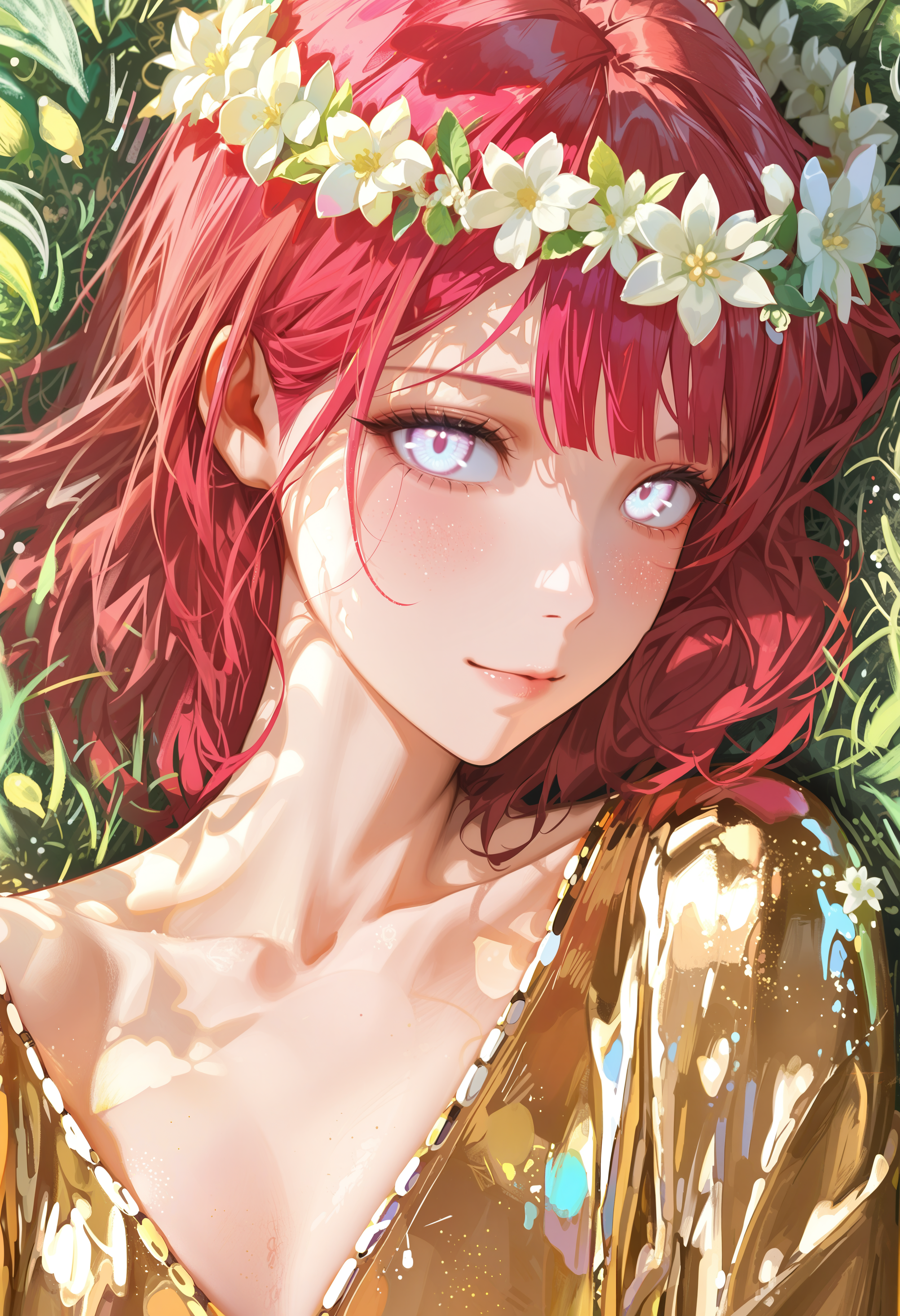 watercolor, lldn, detailed drawing, masterpiece, best quality, good quality, newest, highres, cinematic, volume light, close up, vibrant, glowing outline, blacklight, looking at viewer, from above, 1girl, medium hair, red hair, hair to side, white eyes, wide hips,  eyerliner, golden robe, (silver wreath:1.1), lies on back,