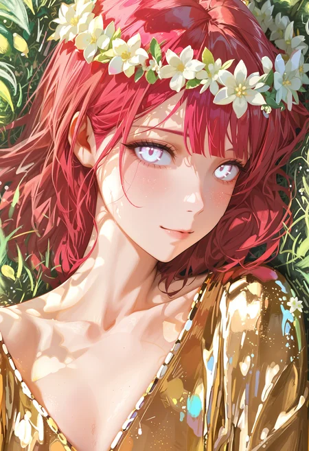 watercolor, lldn, detailed drawing, masterpiece, best quality, good quality, newest, highres, cinematic, volume light, close up, vibrant, glowing outline, blacklight, looking at viewer, from above, 1girl, medium hair, red hair, hair to side, white eyes, wide hips, eyerliner, golden robe, (silver wreath:1.1), lies on back,