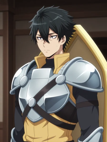 masterpiece, best quality, amazing quality, 1 boy, solo, male focus, Rud, hair between eyes, armor, black eyes, black hair