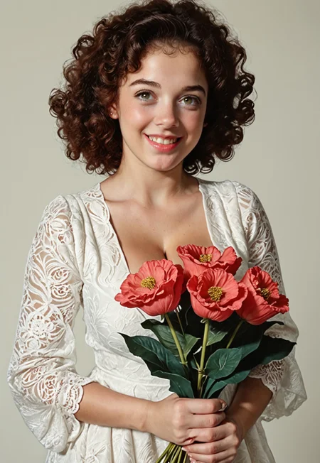safe_pos, ArsMJStyle, Colored pencil hyper detailed realism,HD 32K, 1 girl, delicate light summerdress,deep cleavage, curly Hair With thick fluffy ponytail, shy Smile, mouth a bit open, dynamic pose, Holding a Bunch of Poppy flowers