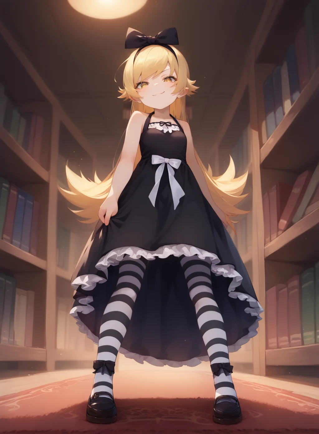 score_9, score_8_up, score_7_up, score_6_up, source_anime, official art, full body, from below, 
1girl, small breasts, flat chest, young, oshino shinobu, blonde hair, petite, long hair, yellow eyes, hair bow, hairband, gothic, black dress, sleeveless, striped thighhighs, smirk, 
rug, bookshelf, standing, 
<lora:char-shinobu-pony:1>, <lora:QAQ STYLE PONY V 0.1:1>,