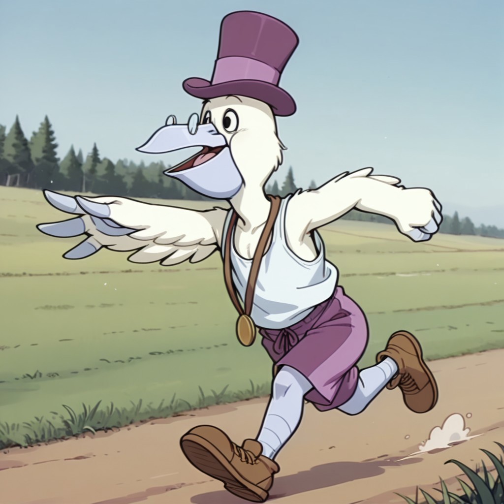 masterpiece, best quality, amazing quality, MayorPelicanbbil, semi-anthro, male, Pelican, bird, white feathers, black eyes, winged arms, white tank top, purple shorts, brown shoes, purple top hat, gold medal, round glasses, running, in woods, solo