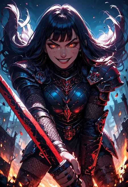 Score_9, Score8_up, Score_7_up, (((High Resolution, Best Quality))), 
1girl, beautiful, breasts, battle scarred, damaged armor, fishnets under armor, bangs, long hair, plated armour, holding sword, battle stance, dynamic angle, ancient fantasy city, battle-ready stance, dynamic pose, at night, moonlight, riding a nimbus cloud, nimbus, wukong theme, directional lighting, viewed from above,
Embers, firey glint in eye, partical effect, smirk, looking at viewer, stabbing, evil girl, coruption,