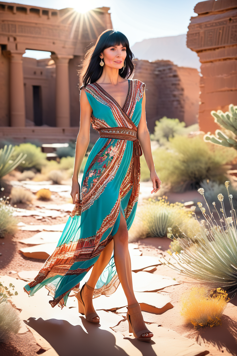 majmilfad, a beautiful woman in her mid 40s with long, silky smooth black hair and blunt bangs, exploring the ancient ruins of an alian culture on a lifeless dessert panet under the bright midday sun, wearing a flowing summer dress with a vibrant floral pattern, the dress fluttering gently in the warm desert breeze, sun-kissed skin glowing in the natural light, soft shadows cast across the red sandstone structures, her expression serene and thoughtful as she walks among the ancient ruins, wide open skies and scattered desert plants in the background, richly detailed textures, photorealistic rendering, cinematic composition, peaceful and timeless atmosphere
