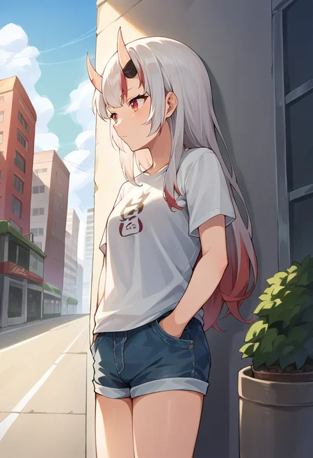 score_9, score_8_up, score_7_up, source_anime, 1girl, solo, NakiriAyame, oni horns, long hair, t-shirt, denim shorts, standing, outdoors, city, hands in pockets, <lora:CHAR-NakiriAyamePonyXL:1>