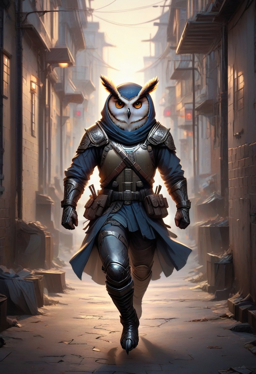 Owlfolk, a soldier running through an alleyway