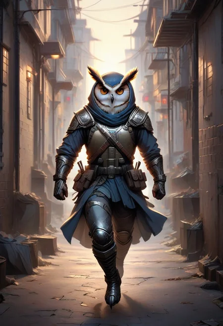 Owlfolk, a soldier running through an alleyway
