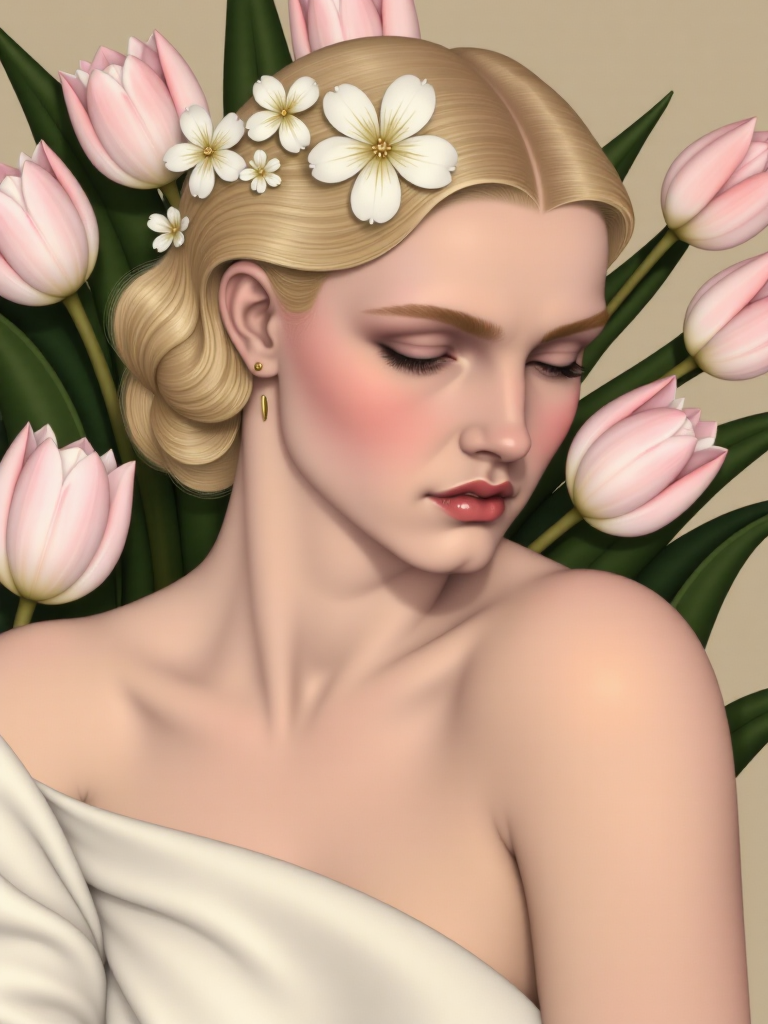 Pale-skinned young woman, likely late teens to early twenties, with light blonde hair adorned with a crown of delicate white blossoms.  Soft, melancholic expression, gazing slightly downward.   Pose is a three-quarter view, slightly angled, suggesting a quiet contemplation.  Creamy, light beige, and blush-pink colored dress or draped fabric, flowing and billowing around her form. Pale pink tulips and other light colored flowers form a backdrop, creating a serene yet melancholic atmosphere.  A small, delicate golden earring is visible.  Soft pastel colors, with light and shadow creating a dreamy, ethereal mood.