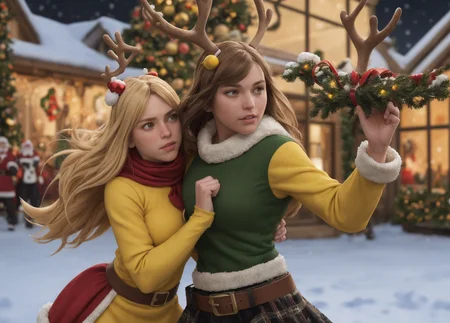action photo of 2girls, (fighting stance), with blonde hair, with brown hair, slapping a (brown) reindeer on the face, skin_tight yellow christmas outfit, large breasts, santa in the background,
Snow, (christmas lights), christmas tree, (yellow ornaments), 
intricate details, photorealistic, realistic, depth of field, best quality, 8k uhd, high quality, (masterpiece:1), (best_quality:1), ultra high res, ultra-detailed, photography, 8K, HDR, (absurdres:1.2), (bokeh:1.2), professional photograph, (mistletoe emblem), (photorealistic), <lora:mistletoe_mercenaries:1>, (comic book battle), battle, duel,