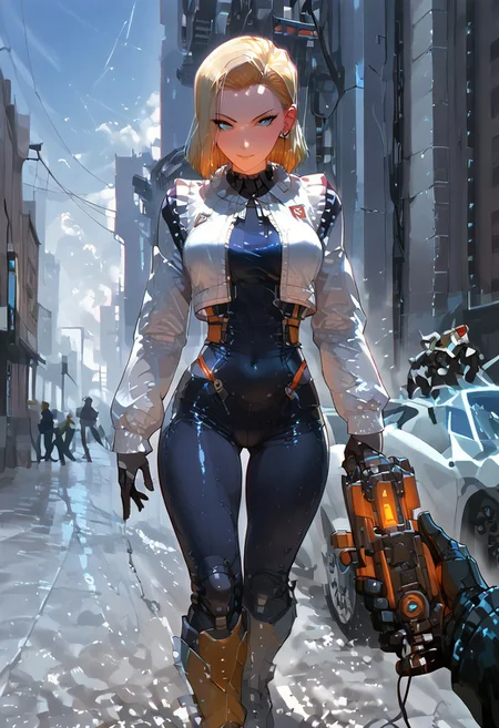 score_9,score_8_up,score_7_up,source_anime, 1girl, (((master piece:1.2))),(((best quality:1.2))),(((ultra detailed))),(((1girl))),(((intricate))),(((anime screencap))),(((very aesthetic:1.2))),((( Cite 17 background))),(((absudres:1.2))),(((embroidered))),(((scenery))),((extremely detailed CG)),(dynamic angle:1.4),vensu bdy woman in sci fi outfit standing on deserted street holding gravity gun, 
BREAK,
half life (series), (android 18 reimagined as a scientist in hev suit from half life 2),breasts, 1girl, blonde_hair, blue_eyes, (dynamic pose:1.4), Cite 17 background, smile, solo, looking_at_viewer, detailled_background, blonde android 18_hair, blush, boots, gloves, standing, cowboy_shot, hev armor style, holding a crowbar, weapon, solo focus, holding, outdoors, covered navel, hev suit bodysuit
BREAK;
(intricate details:1.12), (intricate details, hyperdetailed:1.15), hdr, dystopian sci-fi city, (at day:1.2), cinematic, half life aesthetic, science aesthetic, ominous background, bimbo atmosphere, lustful atmosphere, gray and pastel theme, city background, ground vehicle, motor vehicle, car, building, electric cable, camera, sfw
