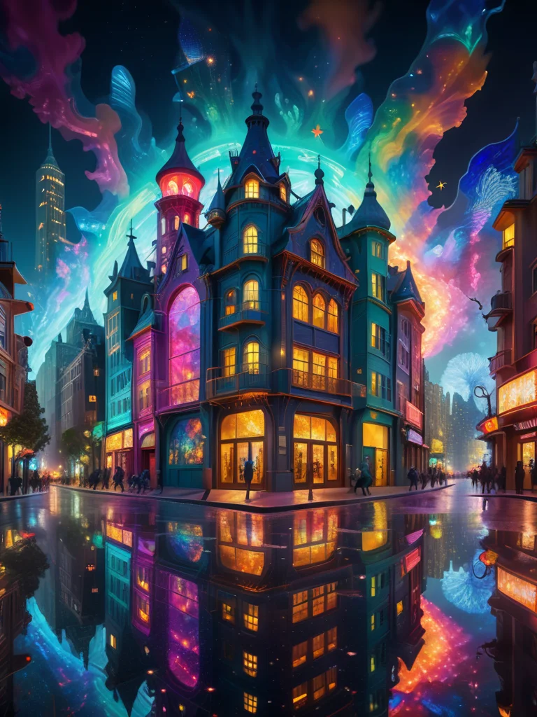 a whimsical cityscape at night where the buildings are made of colorful glass, reflections creating a kaleidoscope effect, (neon lights:1.5), (starry night sky:1.4), pedestrians are various fantasy creatures, digital art reminiscent of Tim Burton's style, 8K resolution, surreal, vibrant colors, intricate details, enchanting atmosphere
<lora:xl_more_art-full_v1:0.8>