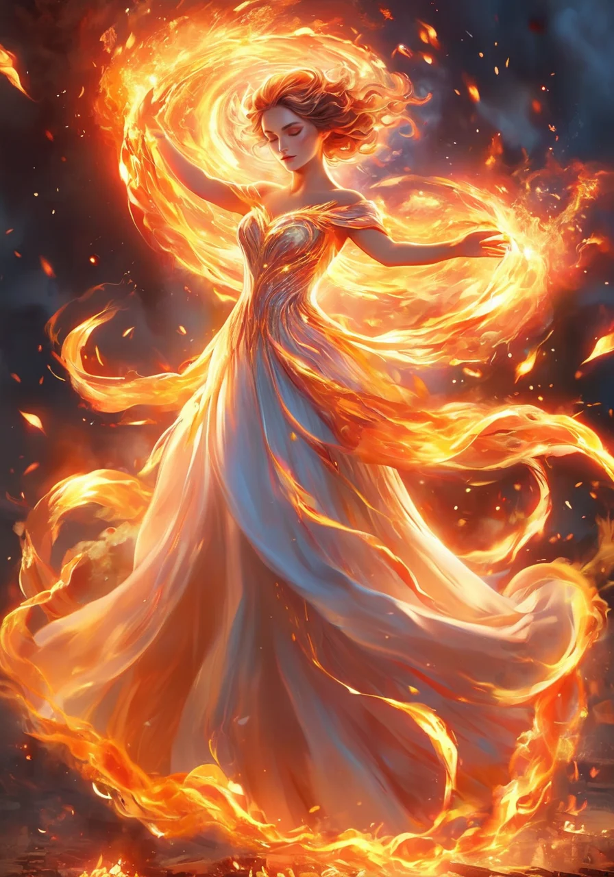 (Masterpiece, high quality, best quality, official art, beauty and aesthetics:1.2),<lora:xl-shanbailing-1003fire-000010:0.8>,(1girl:1.3),(fire element:1.1),composed of fire elements,a girl wrapped in flames soaring flames radiating sparks,formal_dress,wedding_dress,