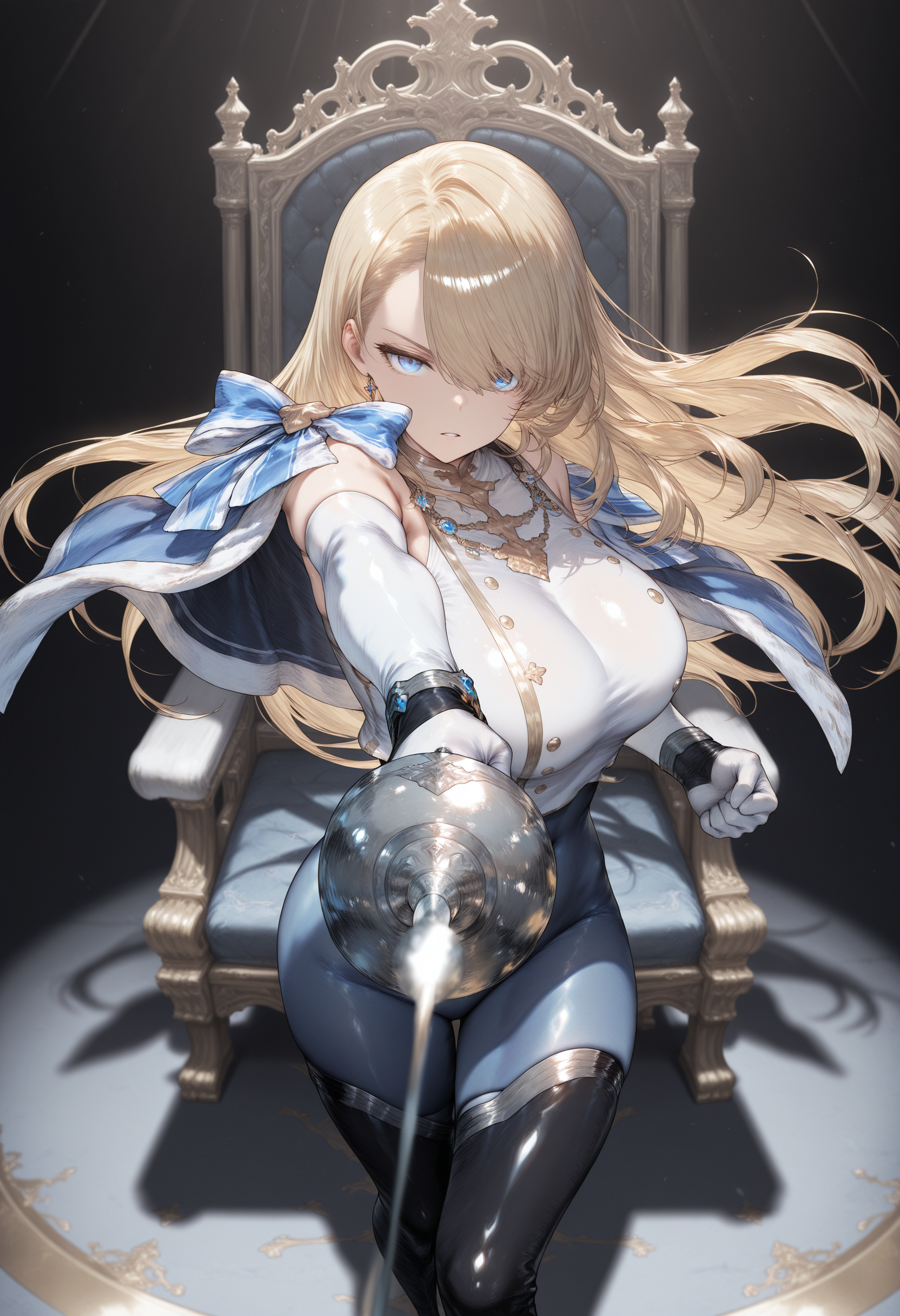 masterpiece, best quality, high quality,
1girl,
wilhelmina, bodystocking, sleeveless shirt, thigh boots, elbow gloves, white gloves, head back,floating hair,
capelet,blue eyes, spotlight, palace, parted lips, rapier, aiming at viewer, large breasts, looking at viewer, serious, foreshortening, dim lighting, clasp, fighting stance, throne,clenched hand, dark background, depth of field, aiming, 
<lora:wilhelmina_(brown_dust)_v1.5-illu:1>