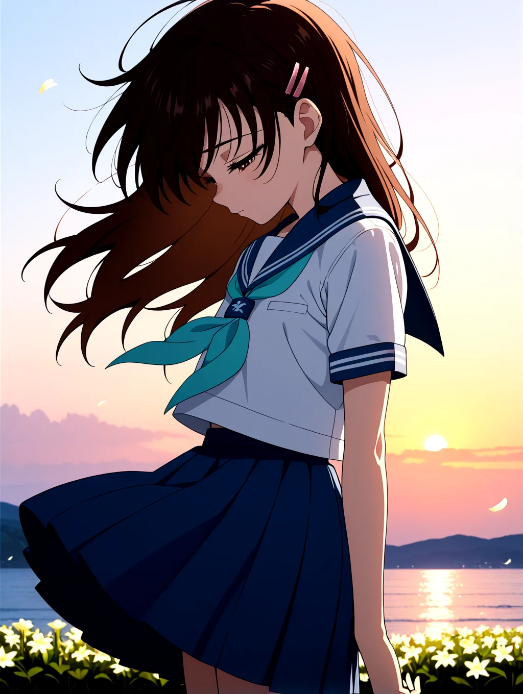 masterpiece,best quality,newest,absurdres,highres,detailed eyes,beautiful,detailed background,perfect eyes,anime coloring,anime screencap,white background,
nsfw,explicit,<lora:add-detail-xl:1>,<lora:ponyv4_noob1_2_adamW-000017:0.8>,wear clothes,
1girl,solo,outdoors,sea skyline,numerous flower(narcissu),sunset,wind lift,narcissu_petals,mid_shot,head down,praying,from side,gloom,half-closed eyes,arms at sides,
<lora:IL-SETSUMI-10:1>,narcissu,il-setsumi_sakura,brown hair,brown eyes,school uniform,long hair,white serafuku,pink hairclip,blue skirt,aqua neckerchief,age down,blue sailor collar,