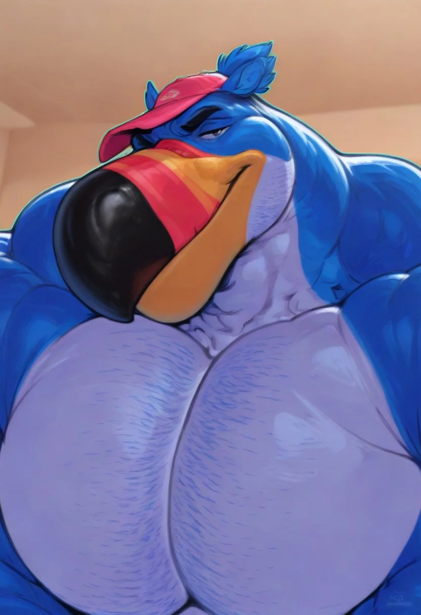 masterpiece, high quality, highly detailed, masterpiece, best quality, very aesthetic,
b005t3rp4n9,
BREAK,
male focus, front view, close up,
1boy, solo, gay bara bodybuilder, (massive muscles and pecs, large pecs) massive muscles, wide back,
Toucan Sam(BP), blue body, headshot, face portrait, white chest, beard side burns, Blue Pony Tail, bara, Beak pattern, blue pony tail, Masculine face, Pink Hat, thick eyebrows, Bara, Muscular neck,
looking at viewer,