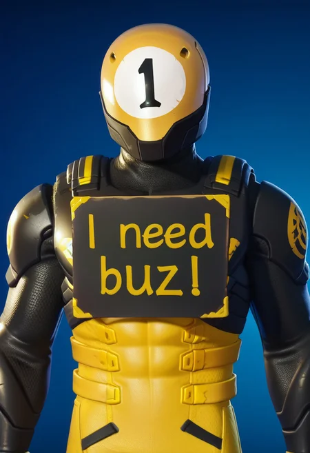 score_9, score_8_up, score_7_up, score_6_up, score_5_up, score_4_up, BREAK <lora:Lunas-FortniteStyle-SDXL-A1:1>,solo, 1boy, male focus, looking at viewer, upper body view, posing for a photo, 1-ball_default, yellow and black bodysuit, sleek black armor on the upper torso with yellow details, segmented yellow straps on the abdomen, black and yellow gloves with reinforced knuckles, reinforced black shoulder pads, black armored forearm guards, yellow pants, knee guards integrated into the suit, yellow boots with black soles, helmet with a yellow and black design, helmet with a rounded mask resembling a billiard ball, large number "1" on the mask,
masterpiece, best quality, amazing quality, 8k, face focus, face only, looking at viewer, need_yellow_buzz, holding sign, ("Yellow Buzz" text logo:1.2),