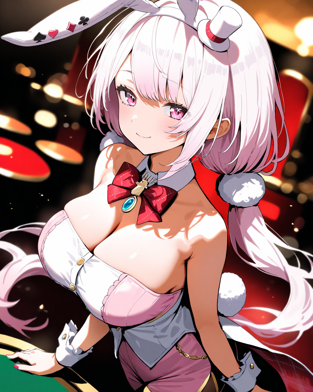 1girl,
ShiinaYuikaNijisanji,
sensitive, solo, dutch angle, from side, upper body,
looking at viewer, smile,
rabbit ears,
mini hat,
long hair, low twintails,
walking, open hand, 
red bow, detached collar,
strapless, brooch,
large breasts, cleavage,
wrist cuffs,
pink shorts, 
black pantyhose,
casino, cinematic lighting, high contrast,
depth of field,
<lora:kp_ShiinaYuikaNijisanji12thCostumeAnimagineXL_v1_1:1.0>,
masterpiece, high score, great score, absurdres