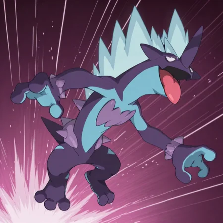 best quality, score_9, score_8_up, score_7_up, score_6_up, score_5_up, score_4_up, male, toxtricityLK, pokemon (creature), second light, (naked:1), detailed, (solo:1.7), (feral:1.5), pokemonstyle, jumping, smiling, blue soles, (attack1.2), nice angle, dynamic pose, open mouth, tongue out, leaning forward, (3 toes:1.5), head clsoe view