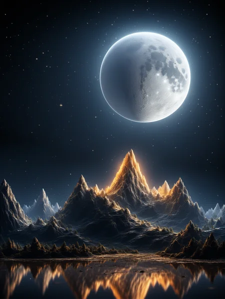 BJ_Full_Moon, outdoors, sky, water, tree, no_humans, night, moon, star_\(sky\), night_sky, scenery, full_moon, starry_sky, reflection, mountain,
photo,8k,intricate,highly detailed,majestic,digital photography,(masterpiece, sidelighting, finely detailed beautiful eyes:1.2),hdr,realistic,high definition,
<lora:Full_Moon(7560):0.7>,