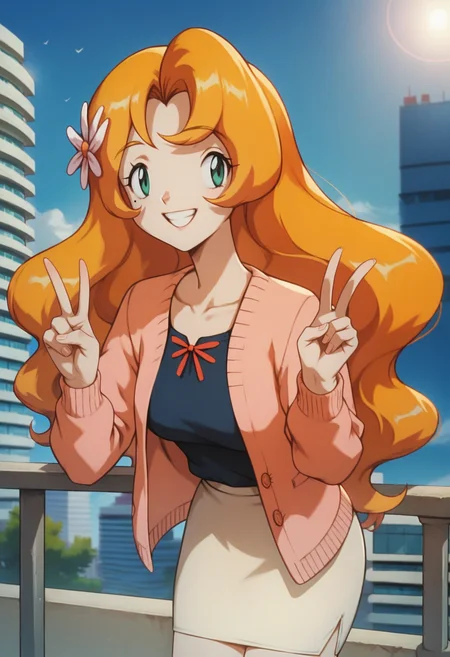 score_9, score_8_up, score_7_up, score_6_up, <lora:PMDaisy:0.9>, PMDaisy, green eyes, mole under eye, bangs, long hair, orange hair, wavy hair, hair ornament, hair flower,
cardigan, white skirt, pencil skirt, v-neck,
standing, leaning forward, double v, smile, teeth, 
BREAK blue sky, cityscape, sunlight, day,