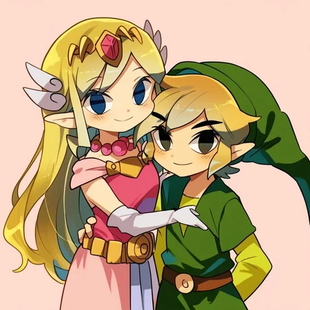(score_9:0.9),score_8_up,score_7_up,anime style,rating_safe,(zPDXL),<lora:Well excuuuuuussse me princess ponyXL v2:0.9>,toon link,toon zelda,1girl,1boy,blush,floating hair,smile,looking at viewer,pink princess dress,green clothes,green hood,