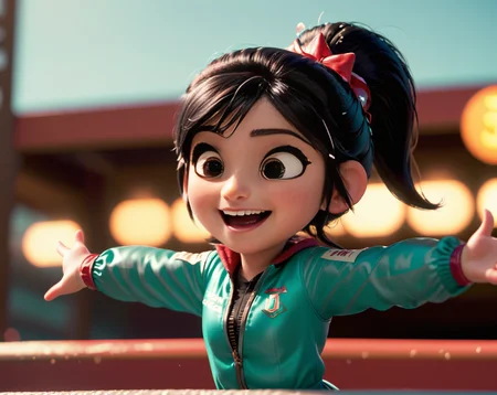 cinematic scene, Vanellope, stands on podium, holds the F1 winner's cup, screams for joy, wearing F1_pilot_outfit, happy_smile, shallow depth of field, vignette, highly detailed, intricate, high budget, bokeh, cinemascope, moody, epic, gorgeous, film grain, grainy  <lora:princess_xl_v2:0.7> <lora:add-detail-xl:1.5>