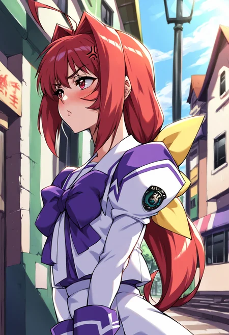 score_9, score_8_up, score_7_up, score_6_up, source_anime, uncensored, zPDXLxxx, <lora:intricate_details:0.5> intricate_details_xl, outdoors, town, day, sunlight, sunbeam, depth of field, silhouette, close-up, face focus, from side, looking to the side,
<lora:Muv_Luv_Kagami_Sumika_v1.0-000040:1> kagami_sumika, Hakuryou uniform, 1girl, solo, long hair, bow, red hair, ponytail, antenna hair, hair intakes, red eyes, purple bow, yellow bow, bowtie, standing, arms down, (pout, puffy cheeks:1.1), anger vein,