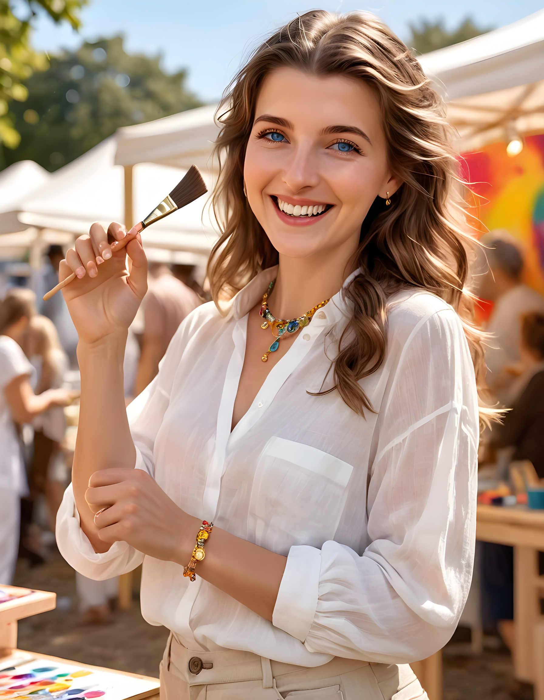 ameliagabs, In a bustling outdoor art festival bathed in warm afternoon sunlight, Amelia Gabs, a captivating woman with brown hair cascading down her shoulders and blue eyes sparkling with joy, stands solo on a vibrant stage adorned with colorful canvases. She gracefully poses, her long fingers gently touching the tip of her brush to a freshly stretched canvas, her lips curved in a radiant smile as she skillfully adds the final touches to her latest masterpiece. Her teeth gleam brightly against her sun-kissed complexion, while delicate jewelry sparkles on her slender wrists and around her neck, adding a touch of elegance to her artistic attire _ a simple yet stylish white blouse and loose, flowing linen pants that billow gently in the breeze. The background is filled with an eclectic mix of people, artworks, and food stalls, creating a vibrant, energetic atmosphere that perfectly encapsulates Amelia's infectious passion for her craft.