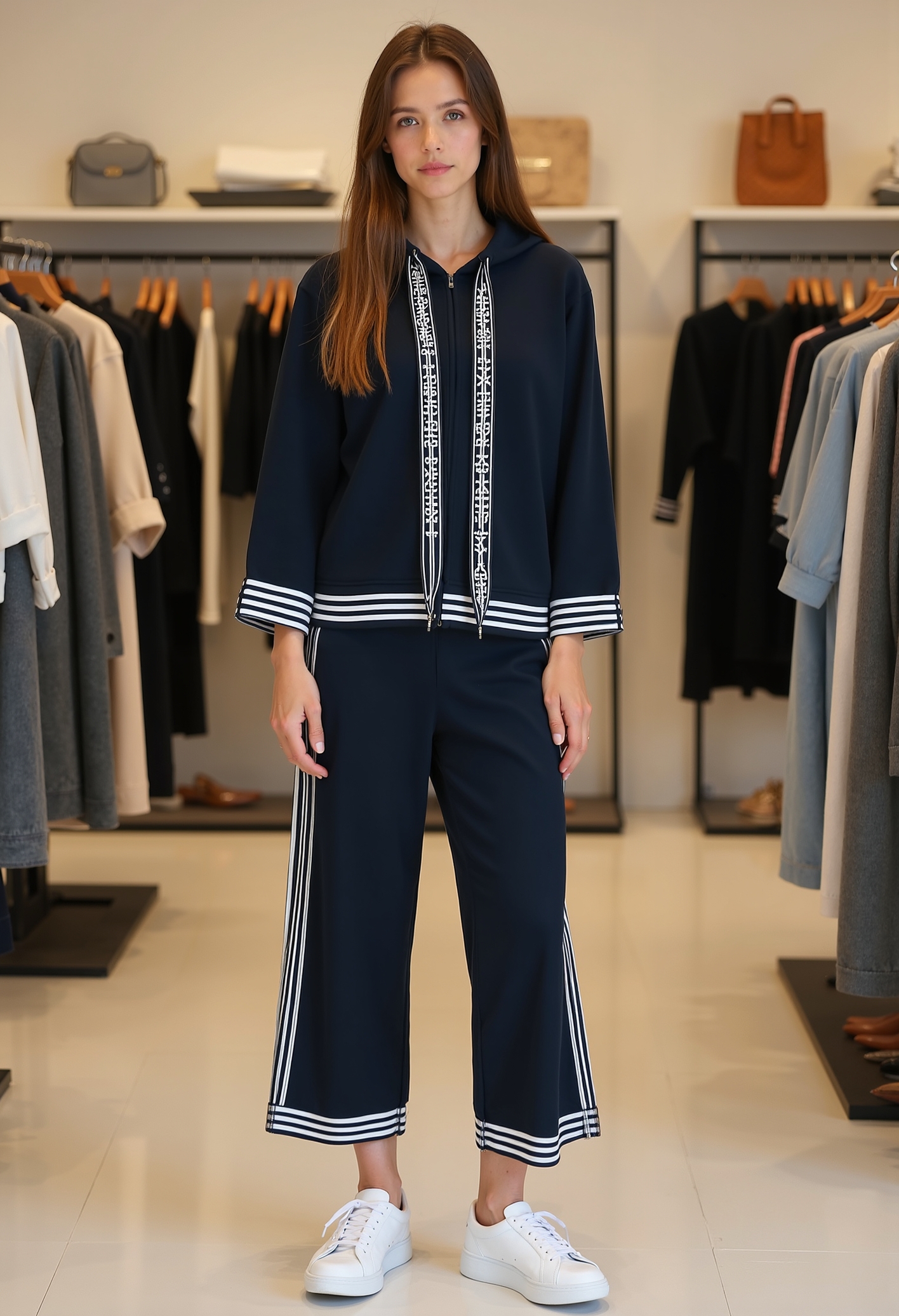 beautiful young woman, long hair, clo015, woman wearing a navy-blue hoodie with graphic ribbon details and white accents, wide trousers with side stripes and a bold text detail, white platform sneakers, posing in a clothing shop