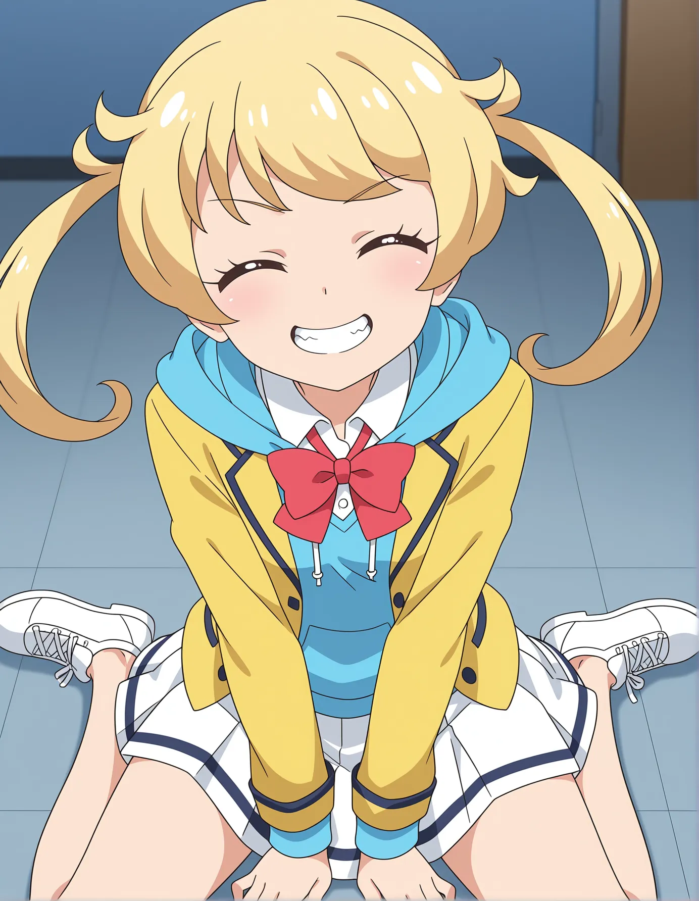 safe,best quality,very aesthetic,absurdres,newest,masterpiece,1girl,solo,highres,anime coloring,grin,evil smile,clenched teeth,     ,wariza ,,closed eyes,<lora:il-prichan-emo1.0:1>,kiratto pri chan,moegi emo,blue eyes,blonde hair,twintails,small breasts,yellow jacket,open jacket,collared shirt,bowtie,red bow,hood,blue hoodie,pleated skirt,white skirt,anime screenshot,