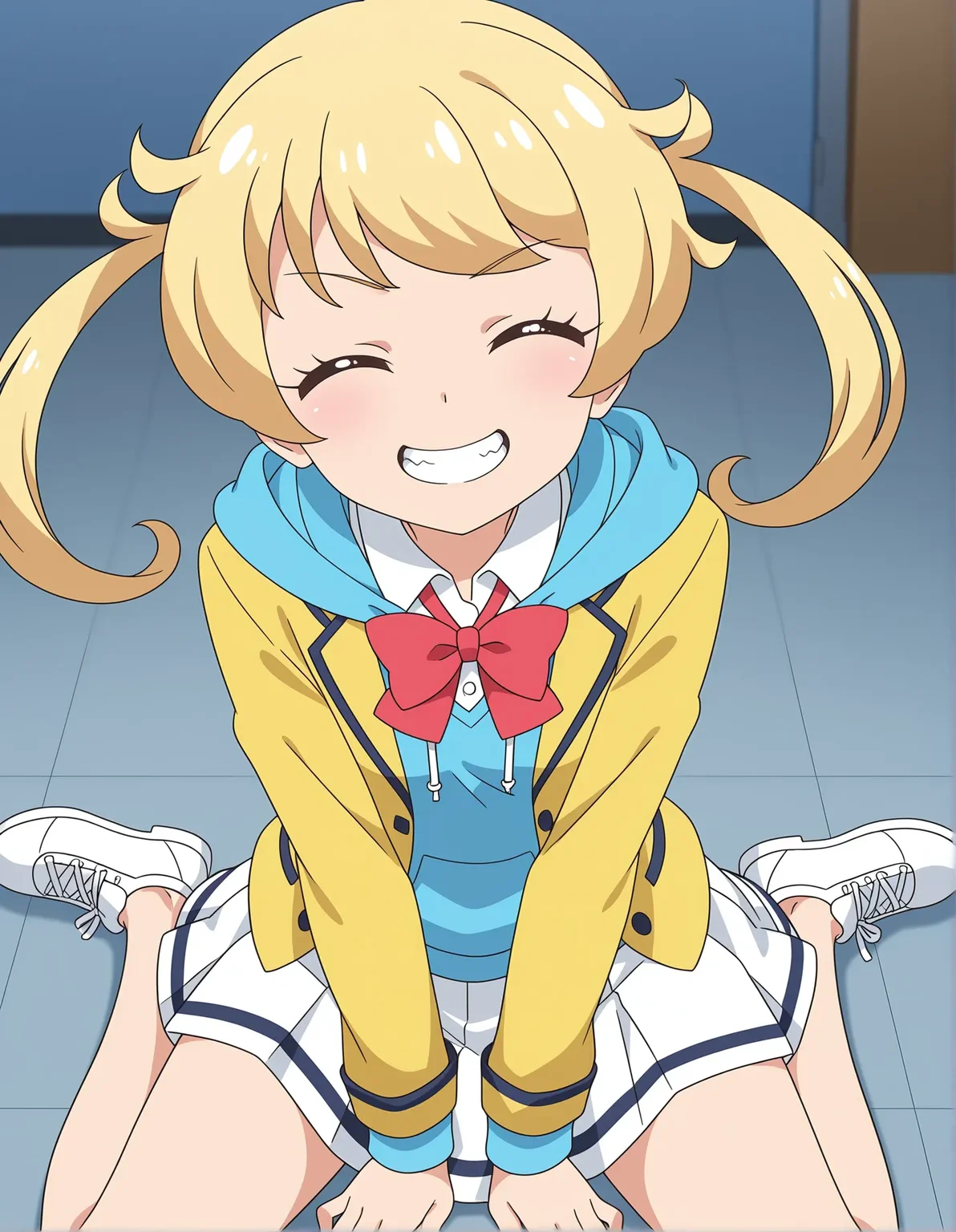 safe,best quality,very aesthetic,absurdres,newest,masterpiece,1girl,solo,highres,anime coloring,grin,evil smile,clenched teeth, ,wariza ,,closed eyes,<lora:il-prichan-emo1.0:1>,kiratto pri chan,moegi emo,blue eyes,blonde hair,twintails,small breasts,yellow jacket,open jacket,collared shirt,bowtie,red bow,hood,blue hoodie,pleated skirt,white skirt,anime screenshot,