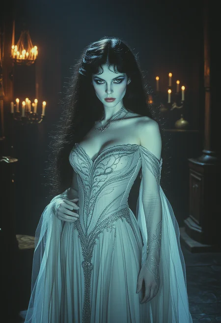 <lora:models\Flux\80sFantasyMovie2:1> ArsMovieStill, 80s Fantasy Movie Still A woman with ghostly white skin, flowing black hair, and a spectral gown. Shot in a haunted mansion, flickering candlelight, deep shadows, and a muted color palette. Eerie and unsettling, intricate details on the gown, rule of thirds composition.,,,