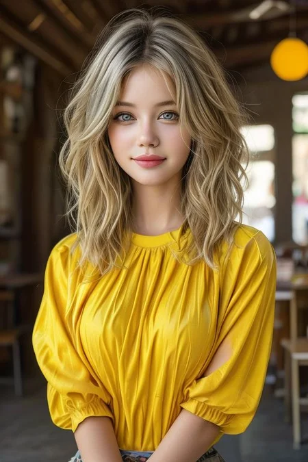chibi style masterpiece,best quality,bellissima,1girl, solo, gray eyes, half body, yellow hair, cute, adorable, bright colors, cheerful, highly detailed, smile