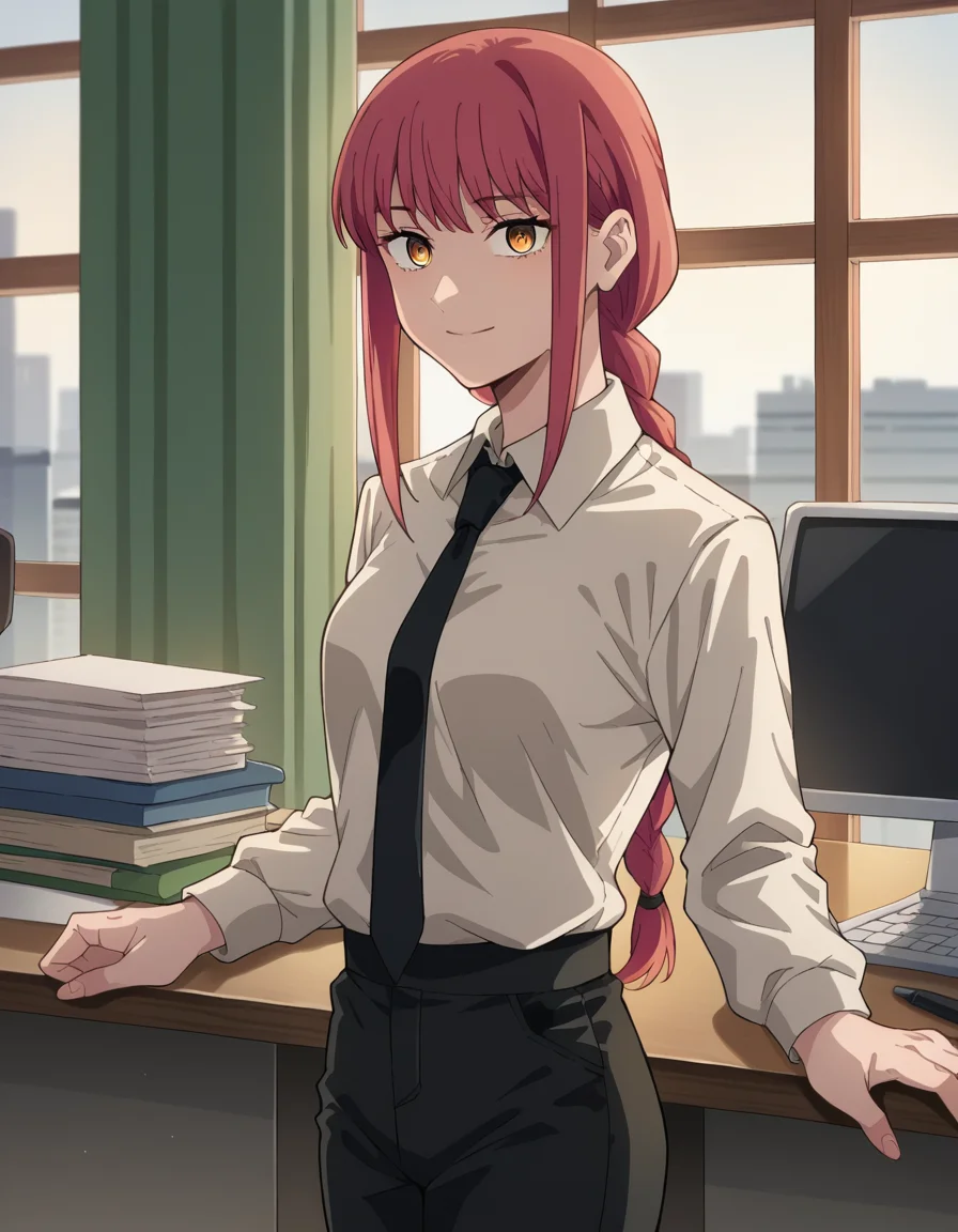 score_9, score_8_up, score_7_up, source_anime,
makima, <lora:chainsaw-man-makima-s1-ponyxl-lora-nochekaiser:1>
makima, long hair, smile, bangs, yellow eyes, braid, red hair, braided ponytail, ringed eyes,
shirt, long sleeves, white shirt, necktie, collared shirt, pants, black pants, formal, suit, black necktie, shirt tucked in, office lady,
indoors, office, standing, desk,
looking at viewer, straight-on,