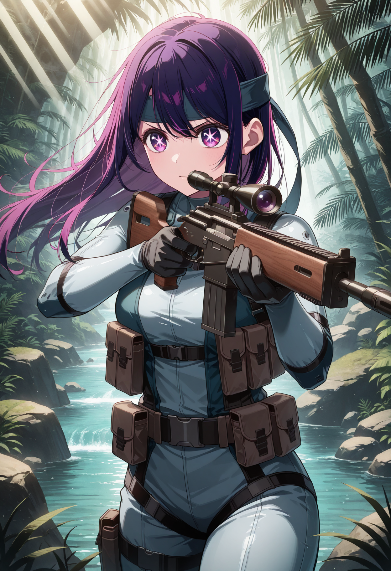 masterpiece, best quality, 1girl, solo, star-shaped pupils, hoshino ai, purple hair, purple eyes, long hair, symbol-shaped pupils, star \(symbol\), dark blue headband, grey bodysuit, harness, solidsnk, jungle, outdoors, rainforest, nature, (fern), light rays, aiming, holding gun, rock, river, rifle, scope, cowboy shot, looking ahead, belt pouch, black gloves