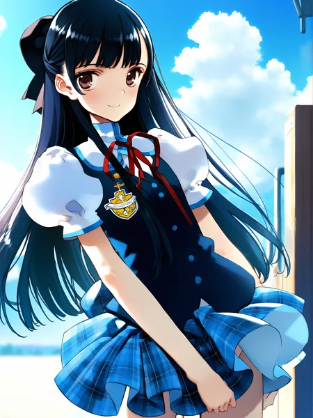 masterpiece, best quality, high quality, aesthetic, absurdres, insanely detailed,
1girl, long hair, quick bangs, skirt, school uniform, smile, plaid, plaid skirt, bow, hair bow, ribbon, day, sky, blue hair, cloud, black hair, puffy sleeves, short sleeves, looking at viewer,
<lora:oyari-ashito-style-xl_v1.0_2014:1>