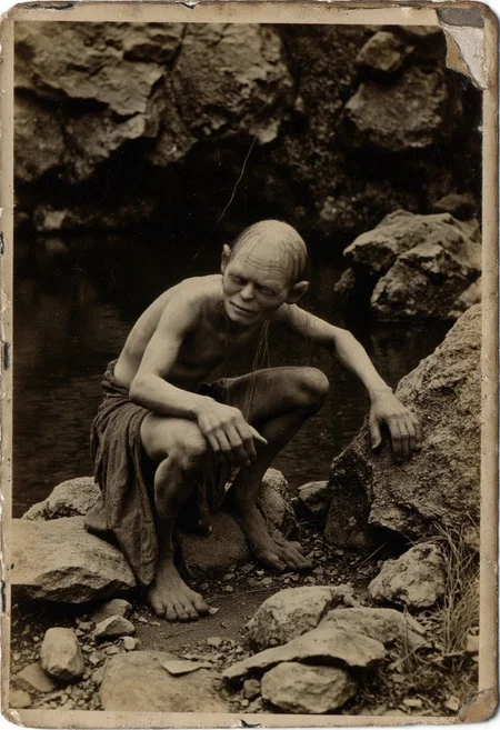 A distressed, sepia-toned 1800s photo of smeagol, crouched down on a rock in the middle of a (dark) underground lake. The photo appears worn with time, showing scratches, faded tones, and a slightly curled edge, adding to its vintage appeal.