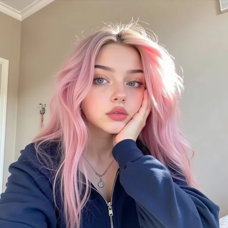 s3lfi3, 1girl, solo, long hair, looking at viewer, blue eyes, pink hair, long sleeves, jewelry, upper body, necklace, lips, messy hair, hand on own face, head rest, nose, realistic, hand on own cheek, photorealistic, this is a selfie photograph of a young woman with a fair complexion and long, wavy pink hair. she has full lips, a small nose, and striking blue eyes. her expression is pensive as she gazes directly at the camera with her right hand resting on her cheek, fingers lightly touching her face. she wears a navy blue zip-up hoodie that appears to be made of a smooth, synthetic fabric. the background is minimalistic, featuring neutral tones of beige and white, the photograph is taken indoors, likely in a residential setting, with natural light softly illuminating her face. the overall composition is clean and minimalistic, focusing on the subject's face and upper body, with the background providing a subtle, neutral backdrop.