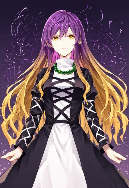 score_9, score_8_up, score_7_up, score_6_up, score_5_up, score_4_up, source_anime, 1girl, solo,
hijiri_byakuren, purple hair, blonde hair, two-tone hair, gradient hair, long sleeves, black dress, white dress, layered dress, cross-laced clothes, long hair, yellow eyes, bead necklace,
masterpiece, best quality, very aesthetic, absurdres,