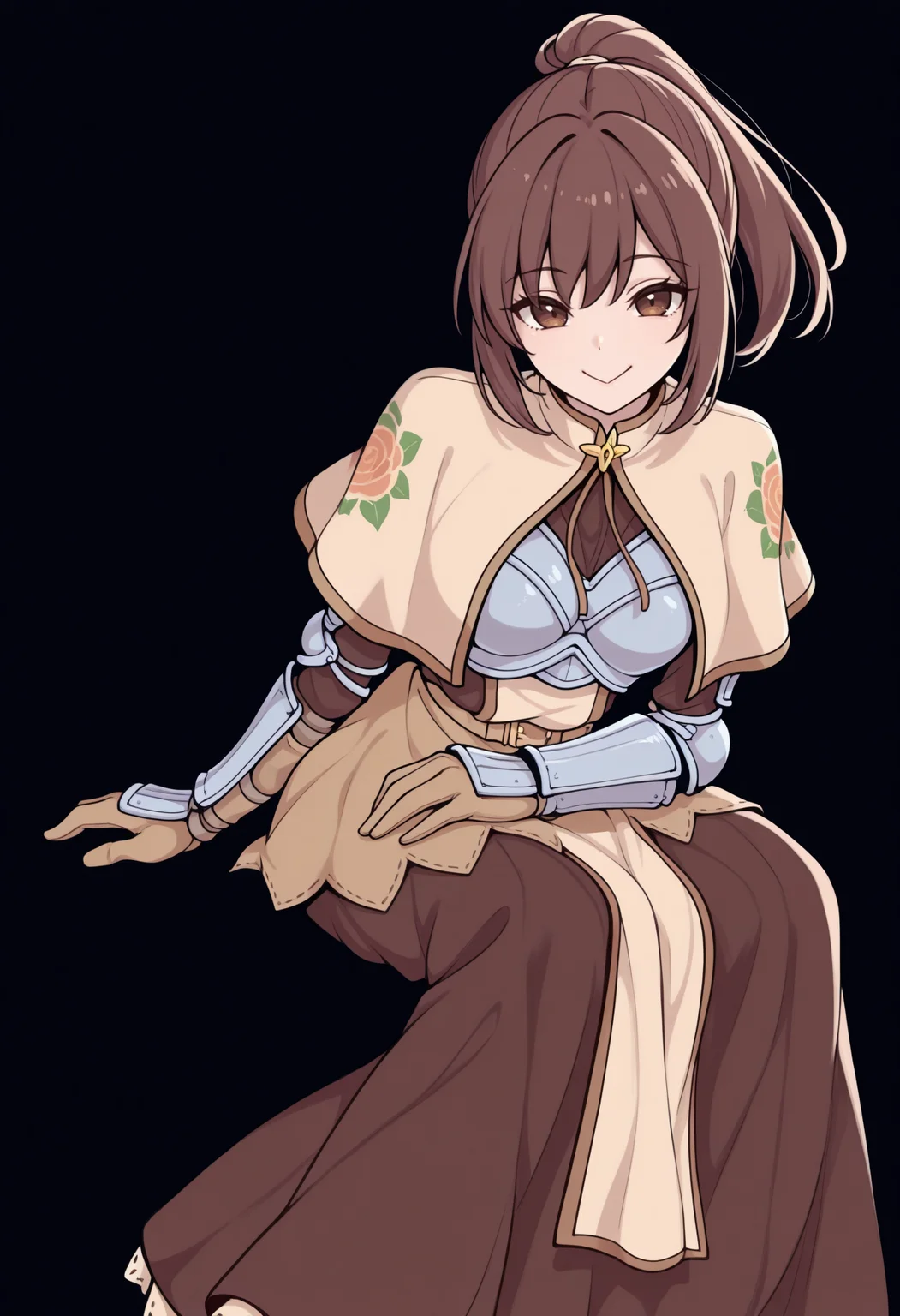 masterpiece, best quality, 1girl, solo, SwrdsmnClth, brown capelet, print capelet, floral print, breastplate, brown dress, gauntlets, brown gloves, belt, pelvic curtain, brown skirt, long skirt, lineart, brown hair, brown eyes, ponytail, sitting, invisible chair, simple background, black background, looking at viewer, :>, smile, arm rest, <lora:ChamFemaleSwordsmanClothesIllustriousXL:1>