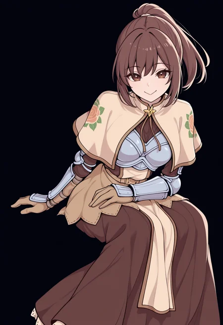 masterpiece, best quality, 1girl, solo, SwrdsmnClth, brown capelet, print capelet, floral print, breastplate, brown dress, gauntlets, brown gloves, belt, pelvic curtain, brown skirt, long skirt, lineart, brown hair, brown eyes, ponytail, sitting, invisible chair, simple background, black background, looking at viewer, :>, smile, arm rest, <lora:ChamFemaleSwordsmanClothesIllustriousXL:1>