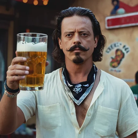 UHD, 4k, ultra detailed, cinematic, a photograph of <lora:perfection style:0.5> <lora:detailed:0.5> perfection detailed
<lora:Rodriguez's Mexico Trilogy film style:1>
<lora:1990's style:0.3>
In the United Mexican States Buscemi a man with a beard and a bandanna on his neck holding a glass of beer,solo,shirt,black hair,1boy,holding,jewelry,upper body,male focus,teeth,blurry,cup,depth of field,blurry background,facial hair,ring,realistic,bandana,mustache , cinematic, film, kodak, Rodriguez's Mexico Trilogy film style, epic, beautiful lighting, inpsiring