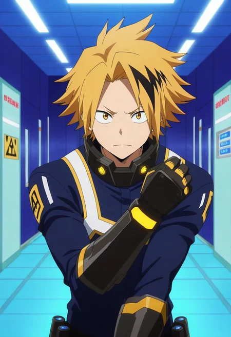 masterpiece, best quality, , anime screencap, anime coloring, , looking at viewer, , 1boy, solo, male focus, <lora:denki_kaminari_ilxl:0.92>, denki_kaminari, blonde hair, yellow eyes, short hair, spiked hair, multicolored hair, two-tone hair, black hair, streaked hair, tech fortress, robot guards, security gates, control rooms, patrol pose, alert expression, artificial lighting, ,